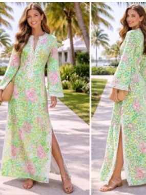 NWT Lilly Pulitzer Shealyn fauna Green Lime Feeling Good Caftan  Maxi Dress sz2